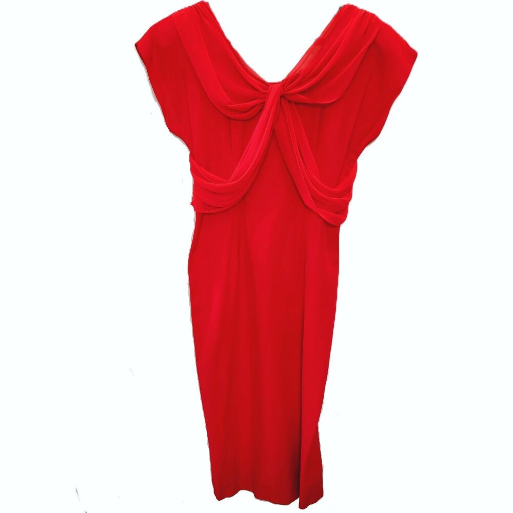 Vintage Midi Sheath Dress with Chiffon Drape Cap Sleeve Back Zip Vent 1990s